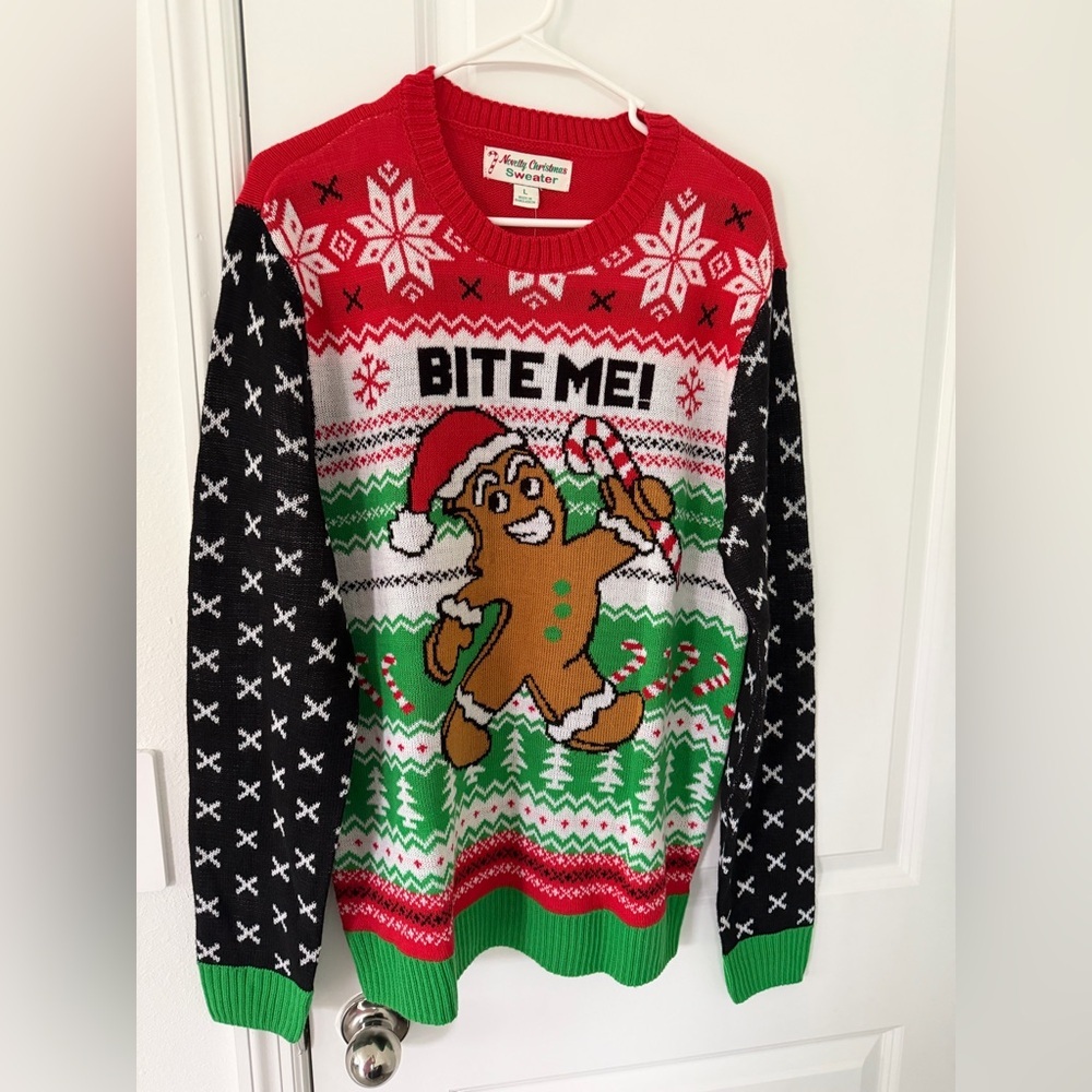 Men’s Ugly Christmas Sweater Gingerbread “BITE ME!” Holiday Pullover Size L NWOT - Picture 5 of 10